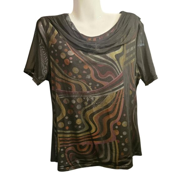 Vintage Abstract Printed Short Sleeve Drape Neck Mesh Top By Song Li - Picture 1 of 7